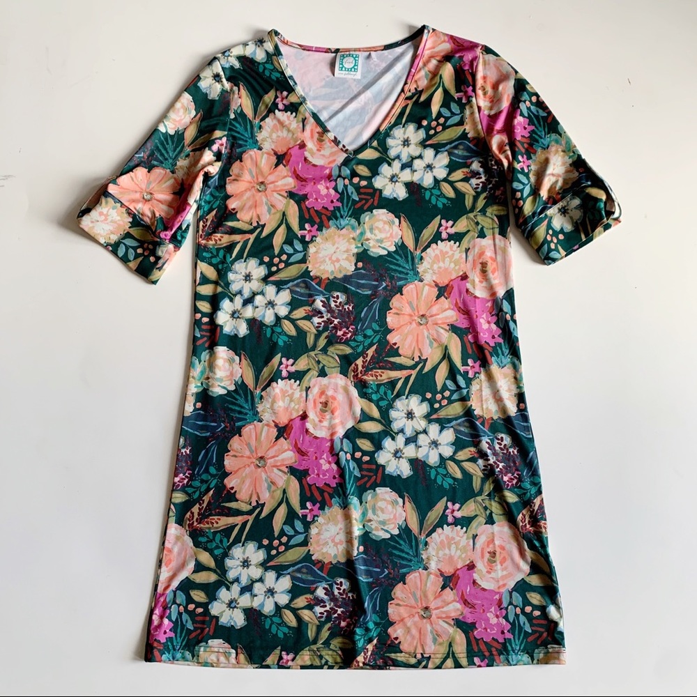 Vera Fishbaugh VFish V Neck Floral Shift Dress Multicolor Comfortable Size Large